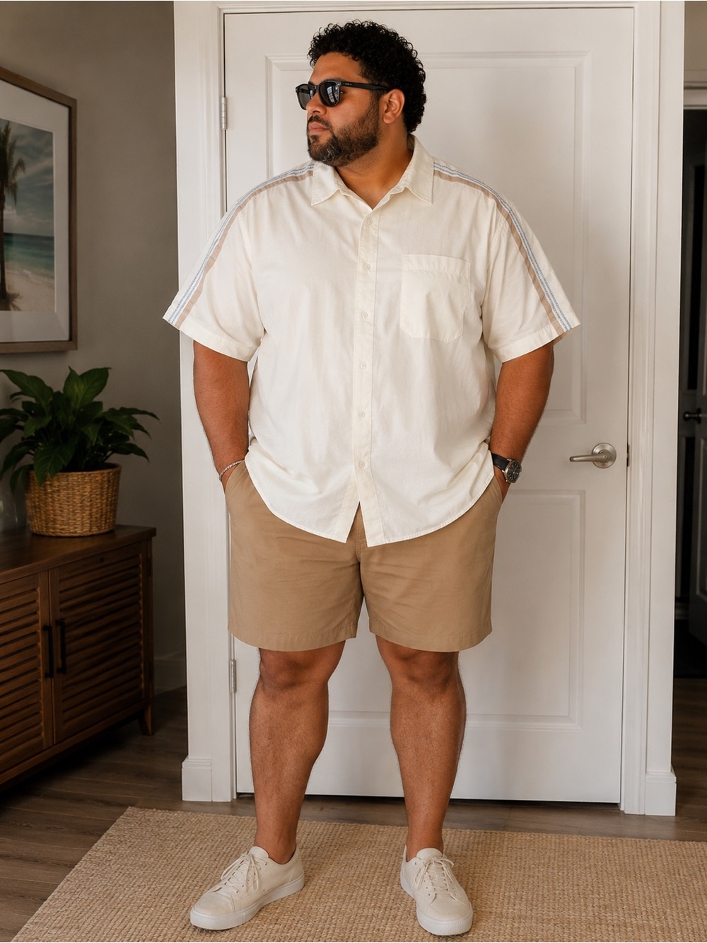 Men's Cream Short-Sleeve Button-Down Shirt with Contrast Stripes